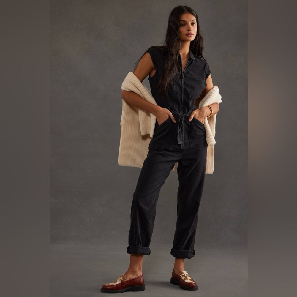 Anthropologie X PAIGE Jett Cap-Sleeve Utility Denim Jumpsuit in black size 12